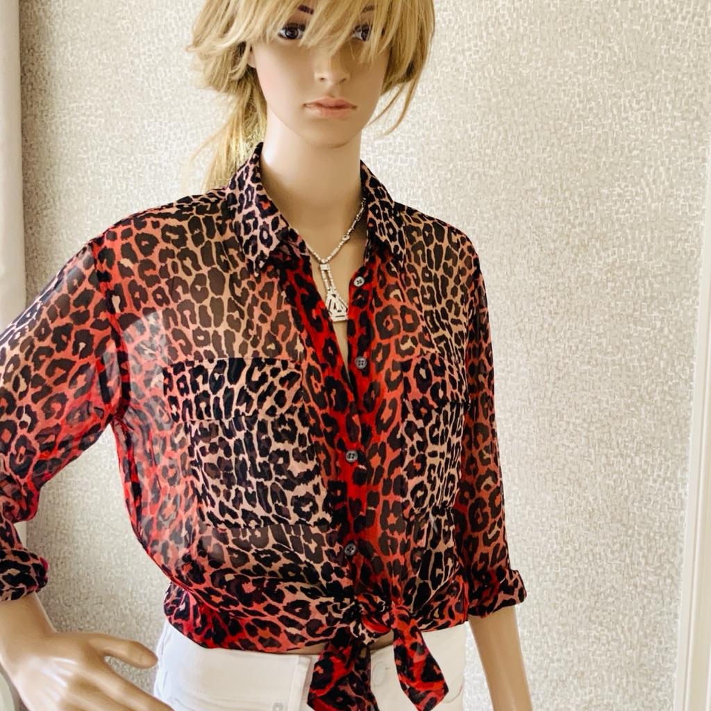 Equipment Silk Red Animal Print Button Up Blouse Xs